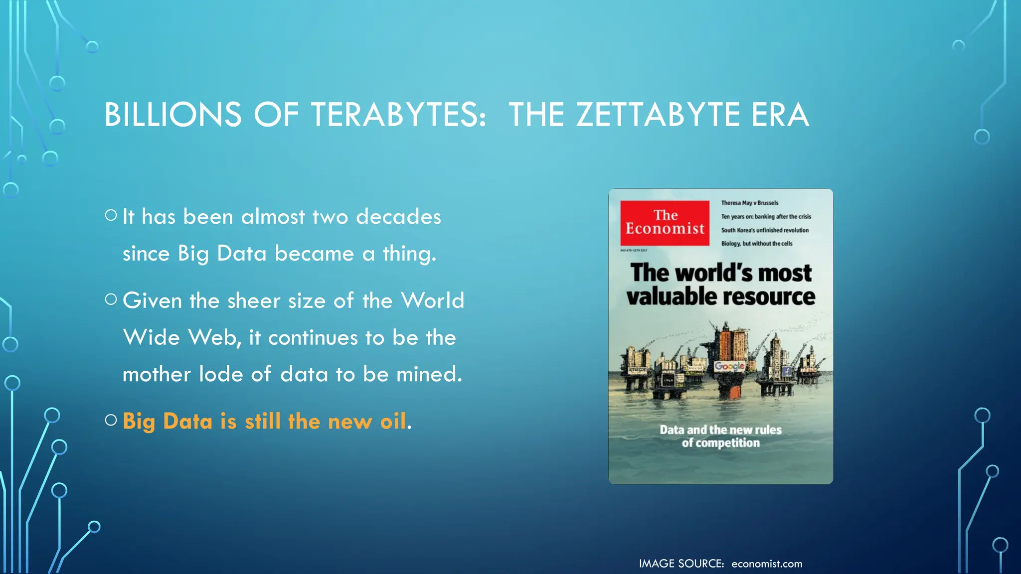 IMAGE SOURCE: economist.com
BILLIONS OF TERABYTES: THE ZETTABYTE ERA
oIt has been almost two decades
since Big Data became a thing.
oGiven the sheer size of the World
Wide Web, it continues to be the
mother lode of data to be mined.
oBig Data is still the new oil.
 