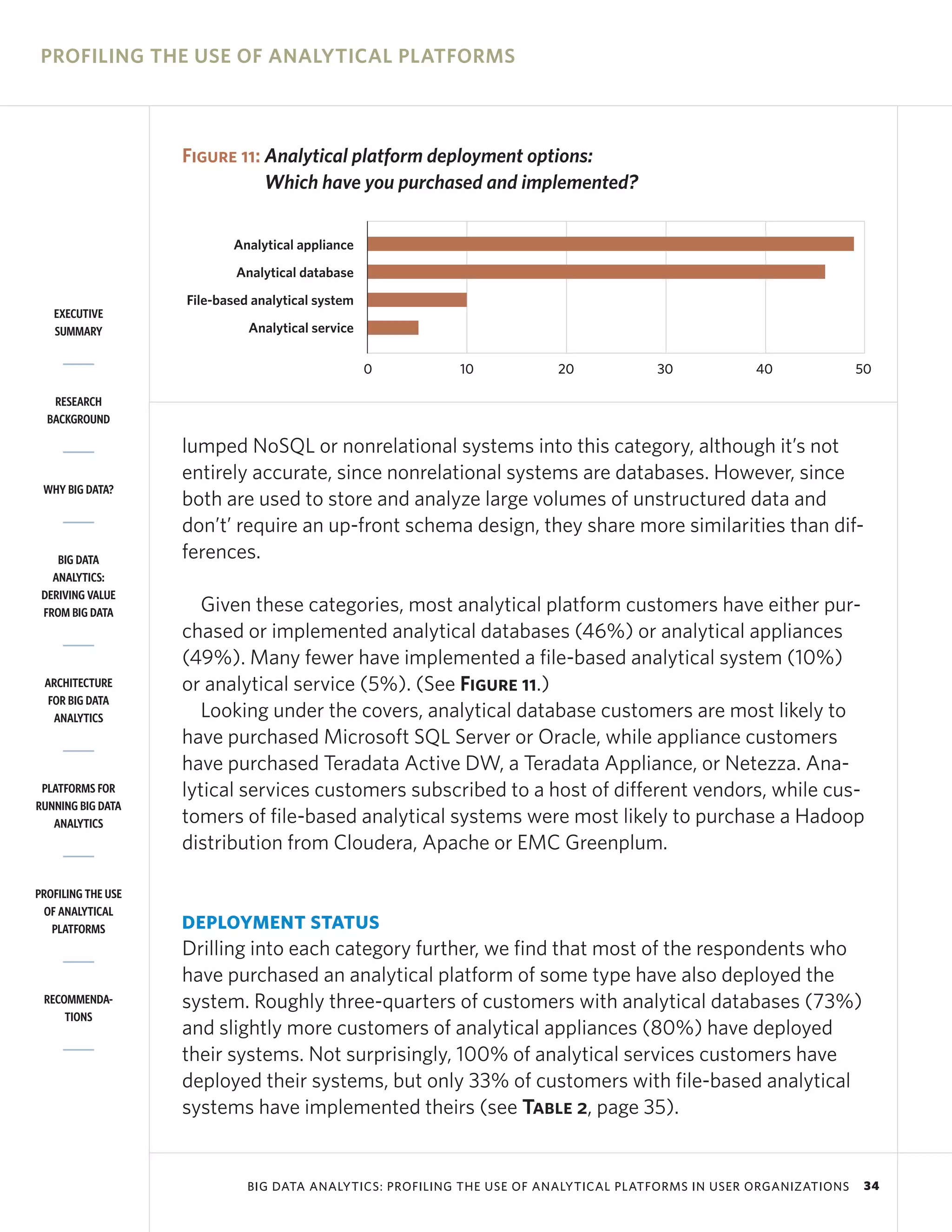 PROFILING THE USE OF ANALYTICAL PLATFORMS



                    Figure 11: Analytical platform deployment options:
                               Which have you purchased and implemented?


                           Analytical appliance
                            Analytical database
                    File-based analytical system
   EXECUTIVE
   SUMMARY                    Analytical service

                                                   0       10           20            30            40              50

   RESEARCH
  BACKGROUND

                    lumped NoSQL or nonrelational systems into this category, although it’s not
                    entirely accurate, since nonrelational systems are databases. However, since
 WHY BIG DATA?
                    both are used to store and analyze large volumes of unstructured data and
                    don’t’ require an up-front schema design, they share more similarities than dif-
    BIG DATA        ferences.
   ANALYTICS:
 DERIVING VALUE
 FROM BIG DATA         Given these categories, most analytical platform customers have either pur-
                    chased or implemented analytical databases (46%) or analytical appliances
                    (49%). Many fewer have implemented a file-based analytical system (10%)
 ARCHITECTURE       or analytical service (5%). (See Figure 11.)
  FOR BIG DATA
   ANALYTICS           Looking under the covers, analytical database customers are most likely to
                    have purchased Microsoft SQL Server or Oracle, while appliance customers
                    have purchased Teradata Active DW, a Teradata Appliance, or Netezza. Ana-
 PLATFORMS FOR      lytical services customers subscribed to a host of different vendors, while cus-
RUNNING BIG DATA
   ANALYTICS        tomers of file-based analytical systems were most likely to purchase a Hadoop
                    distribution from Cloudera, Apache or EMC Greenplum.

PROFILING THE USE
 OF ANALYTICAL
   PLATFORMS        DEPLOYMENT STATUS
                    Drilling into each category further, we find that most of the respondents who
                    have purchased an analytical platform of some type have also deployed the
 RECOMMENDA-        system. Roughly three-quarters of customers with analytical databases (73%)
     TIONS
                    and slightly more customers of analytical appliances (80%) have deployed
                    their systems. Not surprisingly, 100% of analytical services customers have
                    deployed their systems, but only 33% of customers with file-based analytical
                    systems have implemented theirs (see Table 2, page 35).


                              BIG DATA ANALYTICS: PROFILING THE USE OF ANALYTICAL PLATFORMS IN USER ORGANIZATIONS    34
 