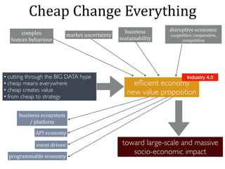 Cheap	Change	Everything
efﬁcient economy
new value proposition
• cutting through the BIG DATA hype
• cheap means everywhere
• cheap creates value
• from cheap to strategy
complex		
human	behaviour
market	uncertainty
business		
sustainability
disruptive	economic	
coopetitive,	cooperative,	
competitive
business	ecosystem		
/	platform
programmable	economy
event	driven	
API	economy
toward large-scale and massive
socio-economic impact
Industry 4.0
 
