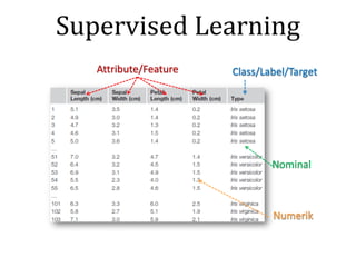 Supervised	Learning
Class/Label/TargetAttribute/Feature
Nominal
Numerik
 