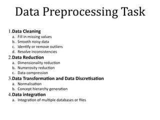 1.Data	Cleaning
a. Fill	in	missing	values
b. Smooth	noisy	data
c. Iden+fy	or	remove	outliers
d. Resolve	inconsistencies
2.Data	Reduc6on
a. Dimensionality	reduc+on
b. Numerosity	reduc+on
c. Data	compression
3.Data	Transforma6on	and	Data	Discre6sa6on
a. Normalisa+on
b. Concept	hierarchy	genera+on
4.Data	integra6on
a. Integra+on	of	mul+ple	databases	or	ﬁles
Data	Preprocessing	Task
 