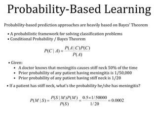 Probability-based	prediction	approaches	are	heavily	based	on	Bayes’	Theorem
Probability-Based	Learning
•	A	probabilistic	framework	for	solving	classiNication	problems	
•	Conditional	Probability	/	Bayes	Theorem
)(
)()|(
)|(
AP
CPCAP
ACP =
•	Given:		
• A	doctor	knows	that	meningitis	causes	stiff	neck	50%	of	the	time	
• Prior	probability	of	any	patient	having	meningitis	is	1/50,000	
• Prior	probability	of	any	patient	having	stiff	neck	is	1/20
•	If	a	patient	has	stiff	neck,	what’s	the	probability	he/she	has	meningitis?	
0002.0
20/1
50000/15.0
)(
)()|(
)|( =
´
==
SP
MPMSP
SMP
 