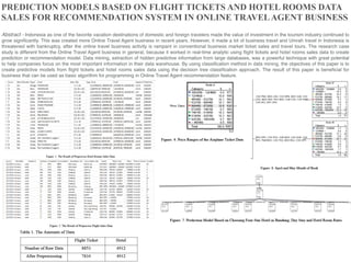 PREDICTION MODELS BASED ON FLIGHT TICKETS AND HOTEL ROOMS DATA
SALES FOR RECOMMENDATION SYSTEM IN ONLINE TRAVELAGENT BUSINESS
Abstract - Indonesia as one of the favorite vacation destinations of domestic and foreign travelers made the value of investment in the tourism industry continued to
grow signiﬁcantly. This was created more Online Travel Agent business in recent years. However, it made a lot of business travel and Umrah travel in Indonesia is
threatened with bankruptcy, after the online travel business activity is rampant in conventional business market ticket sales and travel tours. The research case
study is different from the Online Travel Agent business in general, because it worked in real-time analytic using ﬂight tickets and hotel rooms sales data to create
prediction or recommendation model. Data mining, extraction of hidden predictive information from large databases, was a powerful technique with great potential
to help companies focus on the most important information in their data warehouse. By using classiﬁcation method in data mining, the objectives of this paper is to
create predictive models from ﬂight tickets and hotel rooms sales data using the decision tree classiﬁcation approach. The result of this paper is beneﬁcial for
business that can be used as basic algorithm for programming in Online Travel Agent recommendation feature.
	
 