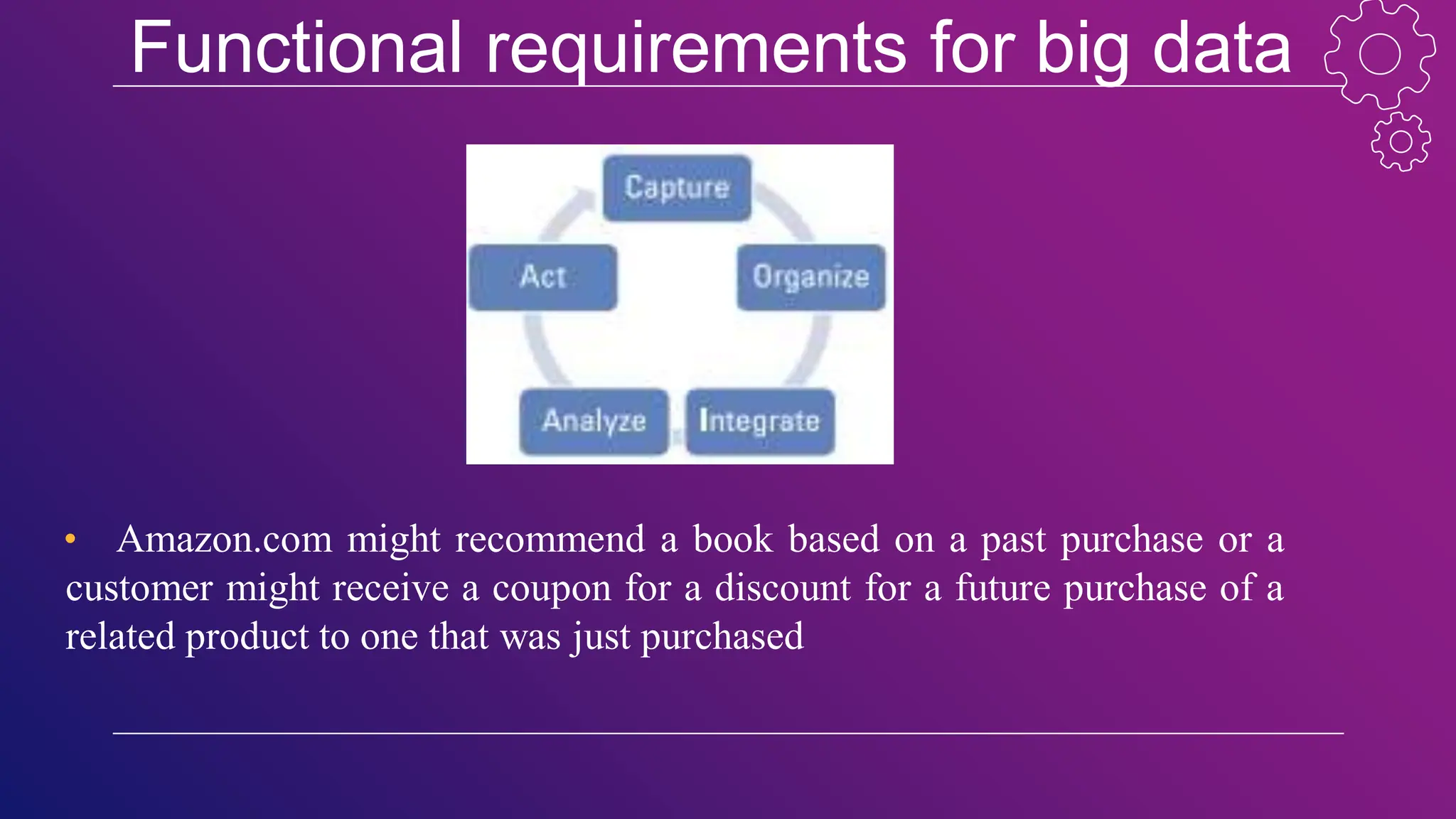 Functional requirements for big data
• Amazon.com might recommend a book based on a past purchase or a
customer might receive a coupon for a discount for a future purchase of a
related product to one that was just purchased
 