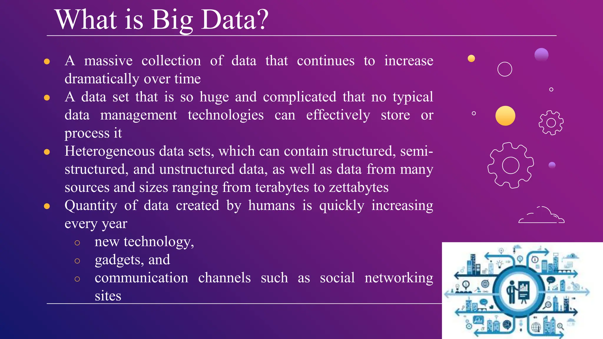 What is Big Data?
● A massive collection of data that continues to increase
dramatically over time
● A data set that is so huge and complicated that no typical
data management technologies can effectively store or
process it
● Heterogeneous data sets, which can contain structured, semi-
structured, and unstructured data, as well as data from many
sources and sizes ranging from terabytes to zettabytes
● Quantity of data created by humans is quickly increasing
every year
○ new technology,
○ gadgets, and
○ communication channels such as social networking
sites
 