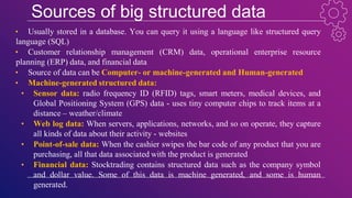 Sources of big structured data
• Usually stored in a database. You can query it using a language like structured query
language (SQL)
• Customer relationship management (CRM) data, operational enterprise resource
planning (ERP) data, and financial data
• Source of data can be Computer- or machine-generated and Human-generated
• Machine-generated structured data:
• Sensor data: radio frequency ID (RFID) tags, smart meters, medical devices, and
Global Positioning System (GPS) data - uses tiny computer chips to track items at a
distance – weather/climate
• Web log data: When servers, applications, networks, and so on operate, they capture
all kinds of data about their activity - websites
• Point-of-sale data: When the cashier swipes the bar code of any product that you are
purchasing, all that data associated with the product is generated
• Financial data: Stocktrading contains structured data such as the company symbol
and dollar value. Some of this data is machine generated, and some is human
generated.
 