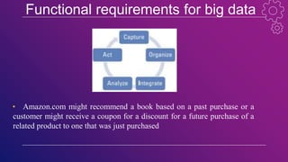 Functional requirements for big data
• Amazon.com might recommend a book based on a past purchase or a
customer might receive a coupon for a discount for a future purchase of a
related product to one that was just purchased
 