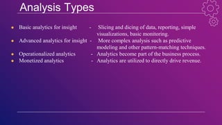 Analysis Types
● Basic analytics for insight - Slicing and dicing of data, reporting, simple
visualizations, basic monitoring.
● Advanced analytics for insight - More complex analysis such as predictive
modeling and other pattern-matching techniques.
● Operationalized analytics - Analytics become part of the business process.
● Monetized analytics - Analytics are utilized to directly drive revenue.
 