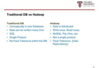 32
Traditional DB vs Hadoop
Traditional DB
• Conceptually in one Database
• Data can be written many time
• SQL
• Single Product
• No Fault Tolerance within the DB
Hadoop
• Data is distributed
• Write once, Read many
• NoSQL, Pig, Hive, etc.
• Not a single product
• Fault Tolerance (Data
Redundancy)
 