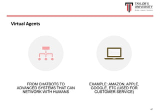 47
Virtual Agents
FROM CHATBOTS TO
ADVANCED SYSTEMS THAT CAN
NETWORK WITH HUMANS
EXAMPLE: AMAZON, APPLE,
GOOGLE, ETC (USED FOR
CUSTOMER SERVICE)
 