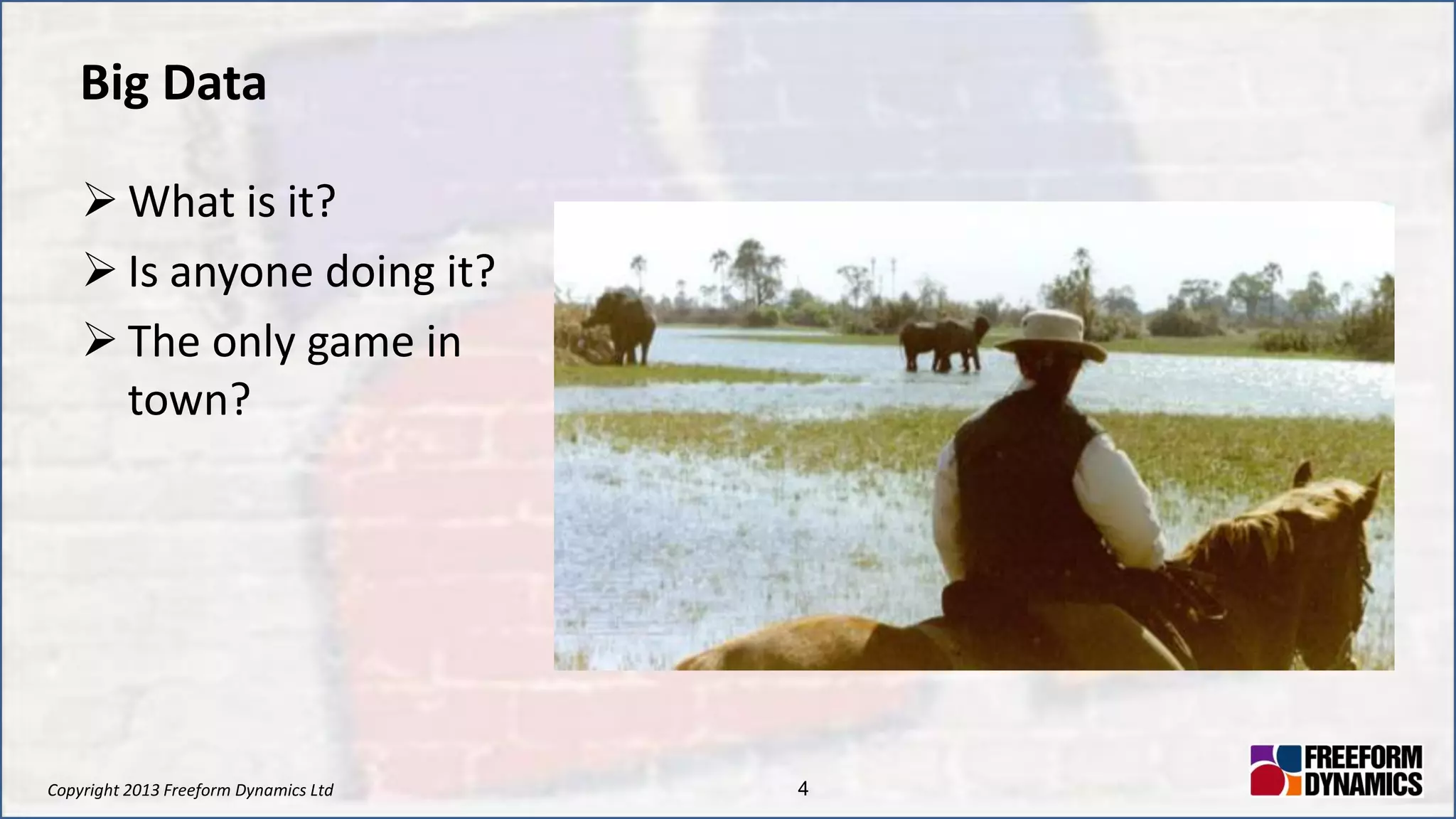 Copyright 2013 Freeform Dynamics Ltd 4
Big Data
 What is it?
 Is anyone doing it?
 The only game in
town?
 