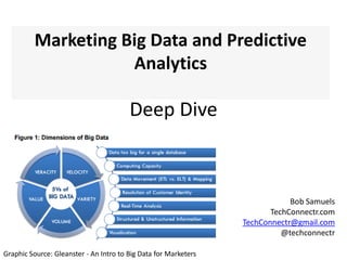 Deep Dive
Marketing Big Data and Predictive
Analytics
Bob Samuels
TechConnectr.com
TechConnectr@gmail.com
@techconnectr
Graphic Source: Gleanster - An Intro to Big Data for Marketers
 