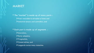 MARKET
• The “market” is made up of many parts :
➢From wearable to drivable to home and
➢Industrial sensors and controllers, and
• Each part is made up of segments :
➢Innovators,
➢Early adopters,
➢Pragmatists,
➢Conservatives, and
➢Laggards across many industries.
 