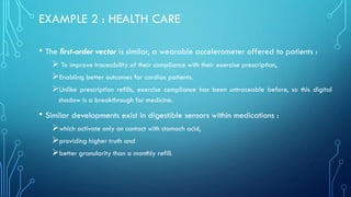 EXAMPLE 2 : HEALTH CARE
• The first-order vector is similar, a wearable accelerometer offered to patients :
➢ To improve traceability of their compliance with their exercise prescription,
➢Enabling better outcomes for cardiac patients.
➢Unlike prescription refills, exercise compliance has been untraceable before, so this digital
shadow is a breakthrough for medicine.
• Similar developments exist in digestible sensors within medications :
➢which activate only on contact with stomach acid,
➢providing higher truth and
➢better granularity than a monthly refill.
 