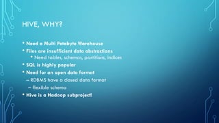 HIVE, WHY?
• Need a Multi Petabyte Warehouse
• Files are insufficient data abstractions
• Need tables, schemas, partitions, indices
• SQL is highly popular
• Need for an open data format
– RDBMS have a closed data format
– flexible schema
• Hive is a Hadoop subproject!
 