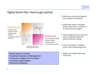 Digital Game Plan -How to get started 
 Define your vision and strategy for 
how analytics will transform 
 Initiate high impact, achievable 
PoCs to prove value – and take on 
as many as you can support 
 Look for opportunities to prove the 
value of improved speed and 
quality of decision making 
 Focus on closing the “insight to 
action” loop in everything you do 
 Deploy your analytics operating 
model now 
Typical areas to pursue: 
•Customer Experience Management 
•Consumer insights and innovation 
•Customer segmentation 
•Demand forecasting 
46 
 