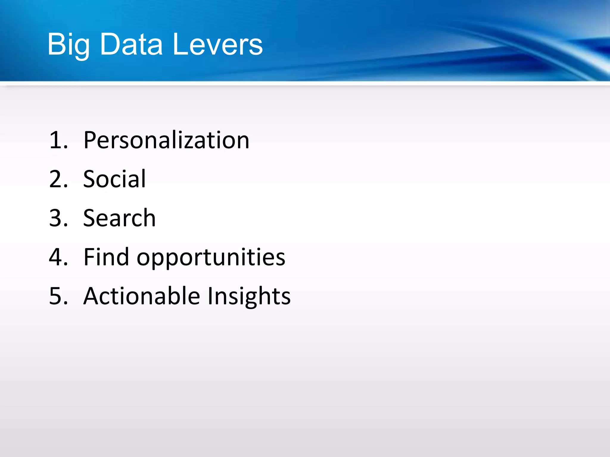 Big Data Levers


1.   Personalization
2.   Social
3.   Search
4.   Find opportunities
5.   Actionable Insights
 