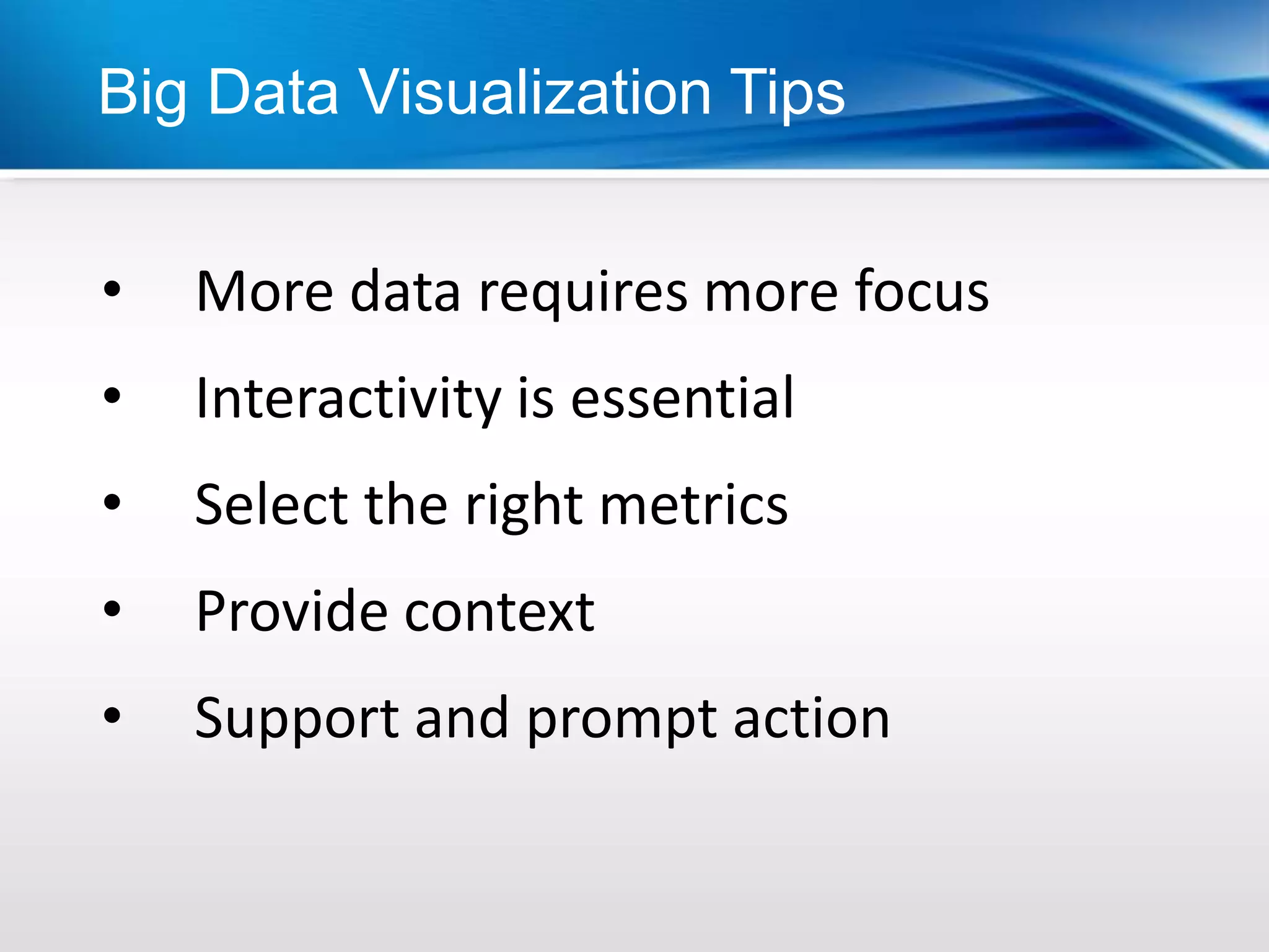 Big Data Visualization Tips


•   More data requires more focus
•   Interactivity is essential
•   Select the right metrics
•   Provide context
•   Support and prompt action
 