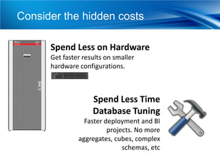 Consider the hidden costs

      Spend Less on Hardware
      Get faster results on smaller
      hardware configurations.



                    Spend Less Time
                    Database Tuning
                 Faster deployment and BI
                         projects. No more
               aggregates, cubes, complex
                              schemas, etc
 