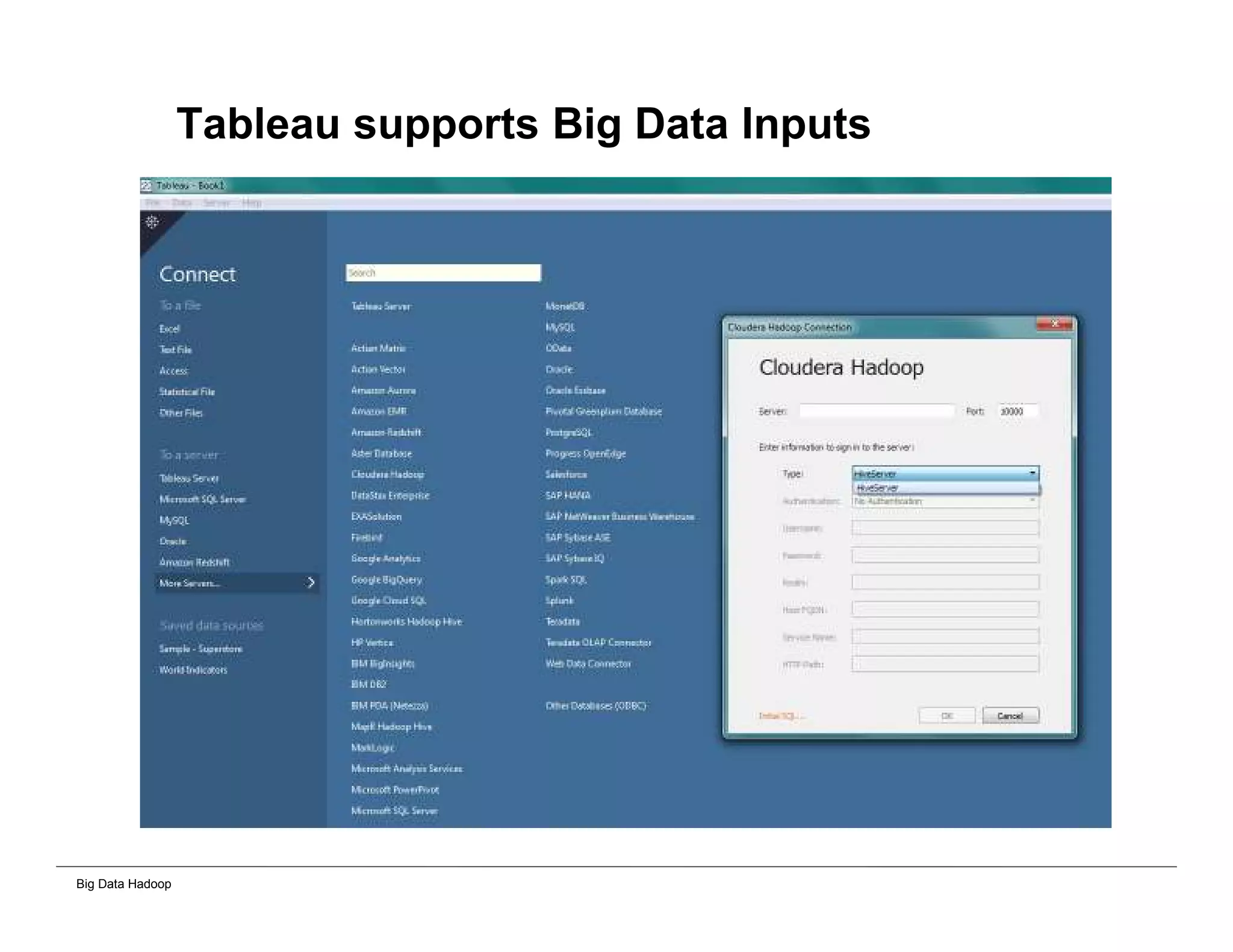 Big Data Hadoop
Tableau supports Big Data Inputs
 