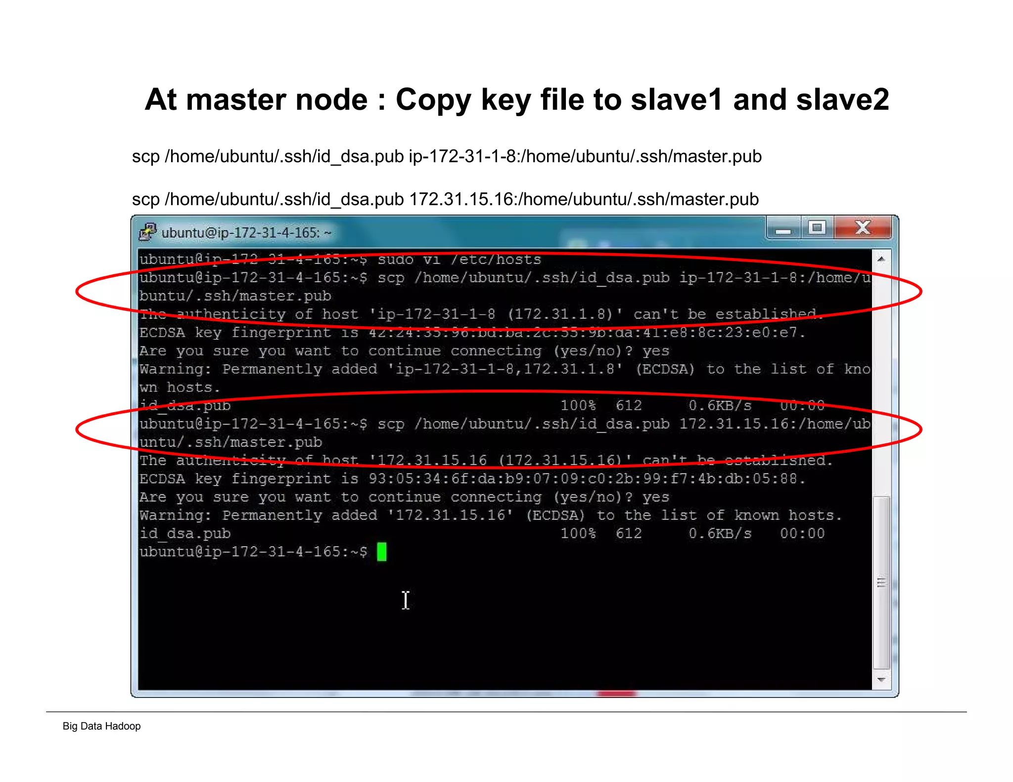 Big Data Hadoop
At master node : Copy key file to slave1 and slave2
scp /home/ubuntu/.ssh/id_dsa.pub ip-172-31-1-8:/home/ubuntu/.ssh/master.pub
scp /home/ubuntu/.ssh/id_dsa.pub 172.31.15.16:/home/ubuntu/.ssh/master.pub
 