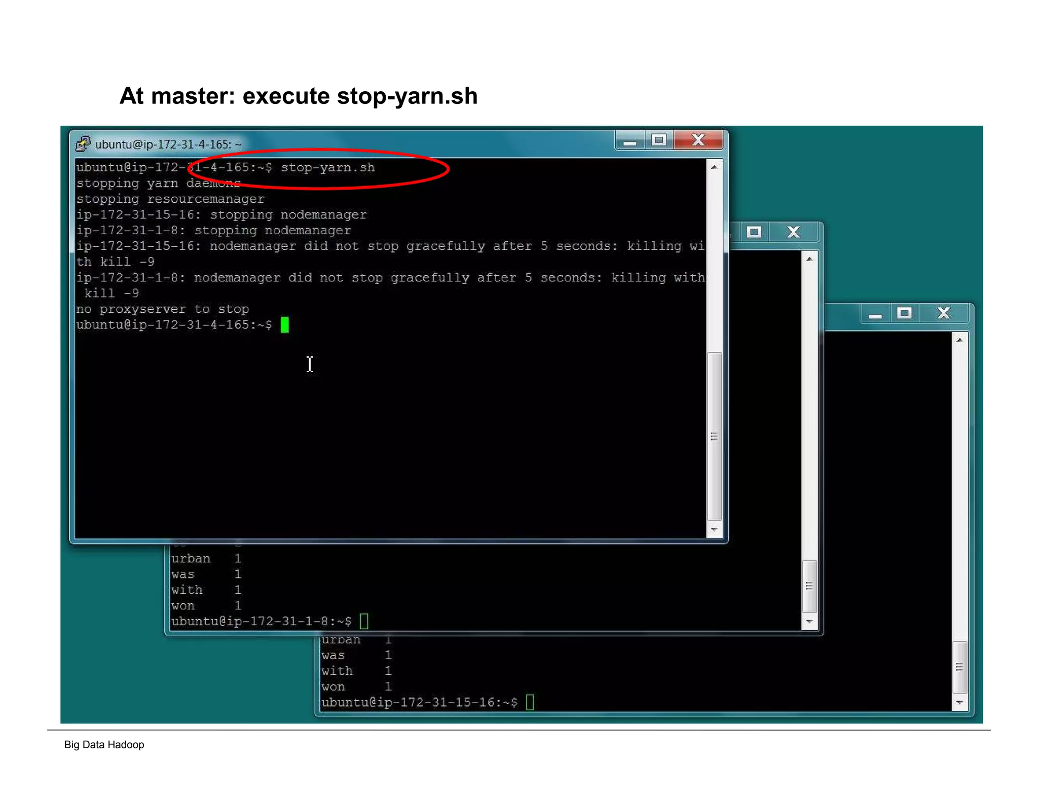 Big Data Hadoop
At master: execute stop-yarn.sh
 
