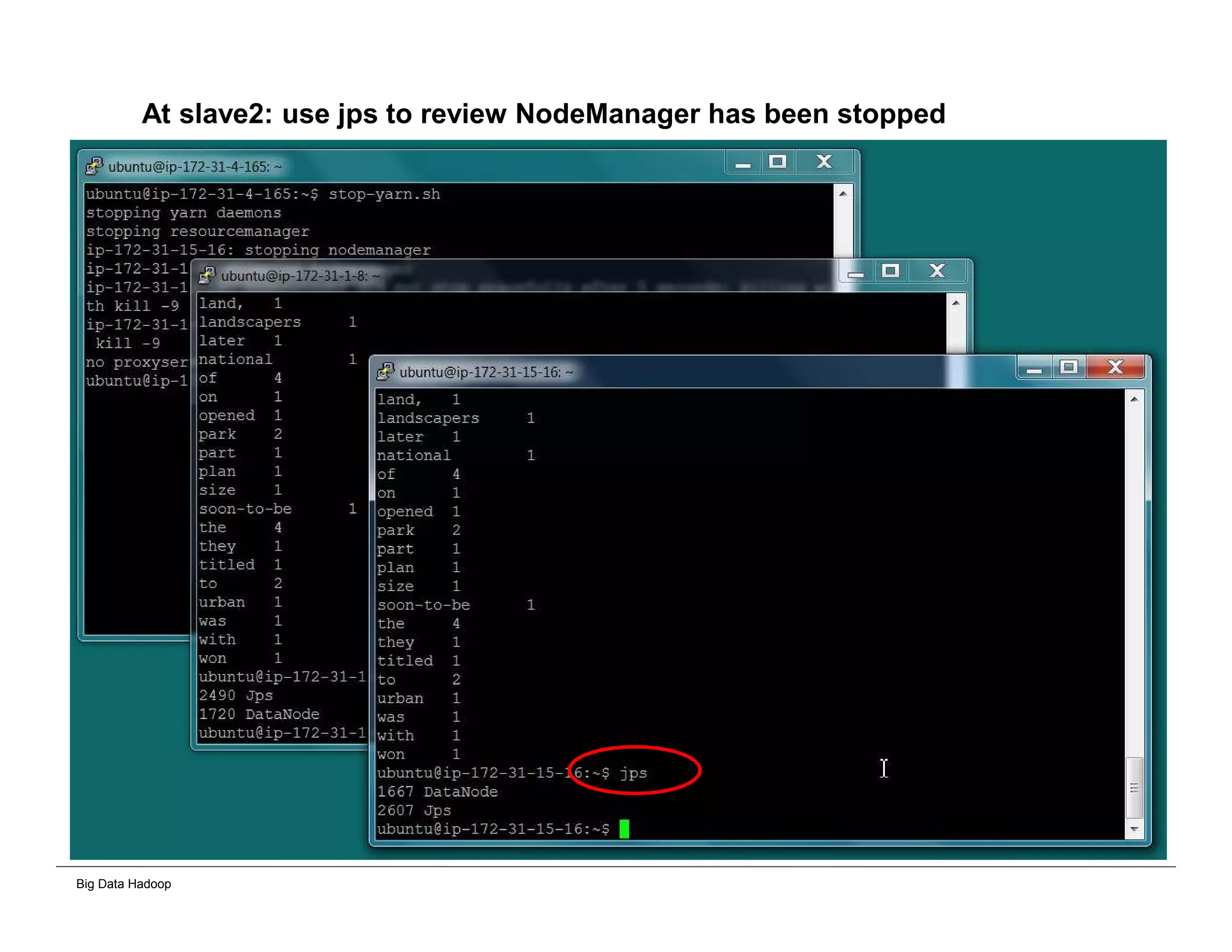 Big Data Hadoop
At slave2: use jps to review NodeManager has been stopped
 