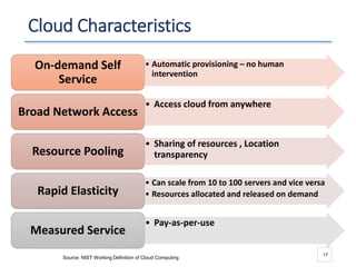 Cloud Characteristics
• Automatic provisioning – no human
intervention
On-demand Self
Service
• Access cloud from anywhere
Broad Network Access
• Sharing of resources , Location
transparencyResource Pooling
• Can scale from 10 to 100 servers and vice versa
• Resources allocated and released on demandRapid Elasticity
• Pay-as-per-use
Measured Service
17
Source: NIST Working Definition of Cloud Computing
 