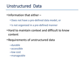 Unstructured Data
•Information that either –
• Does not have a pre-defined data model, or
• Is not organized in a pre-defined manner
•Hard to maintain context and difficult to know
content
•Requirements of unstructured data
–durable
–accessible
–low cost
–manageable
 