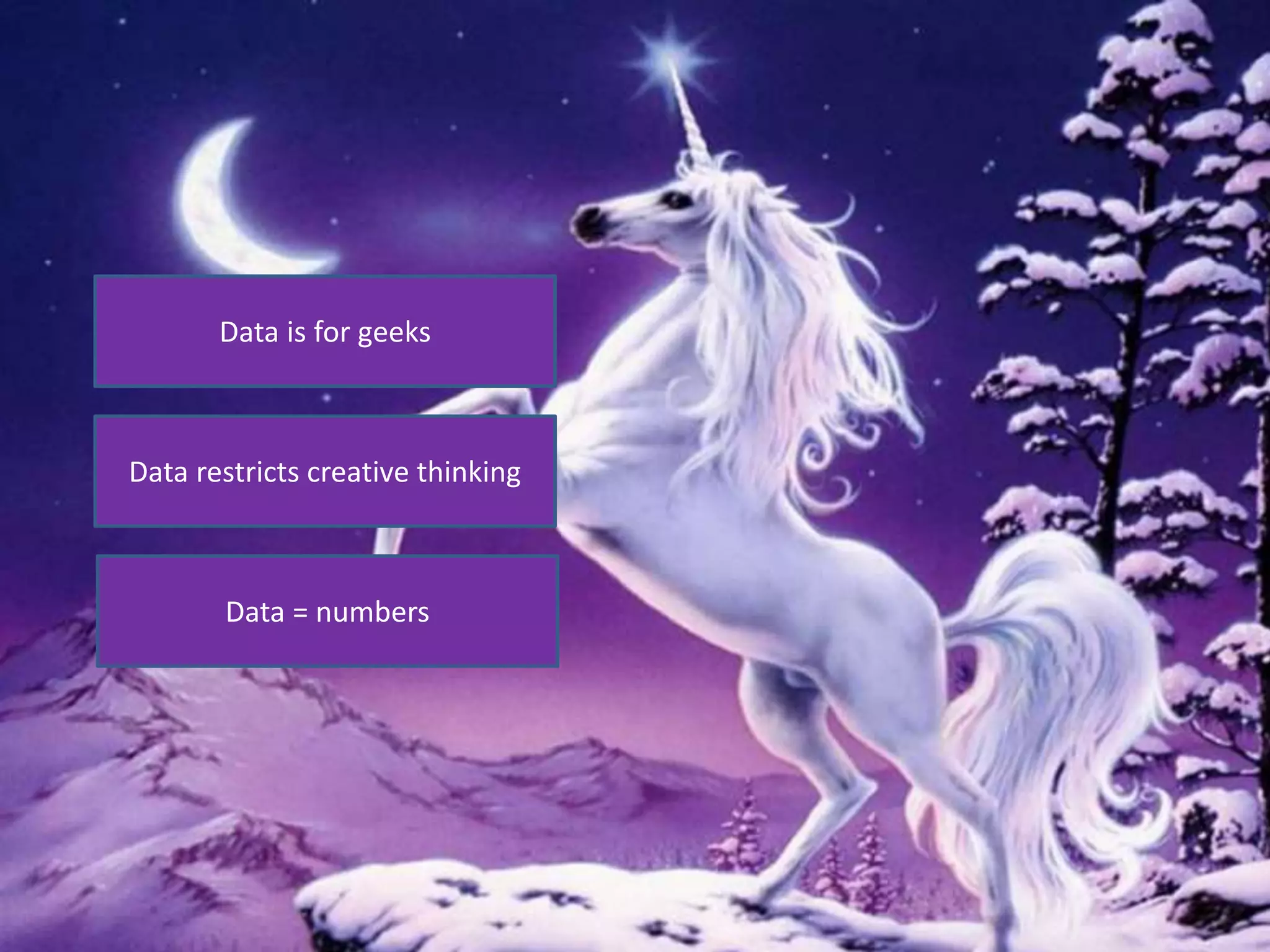 ..................................................................................................................................................................................................
Data is for geeks
Data restricts creative thinking
Data = numbers
 