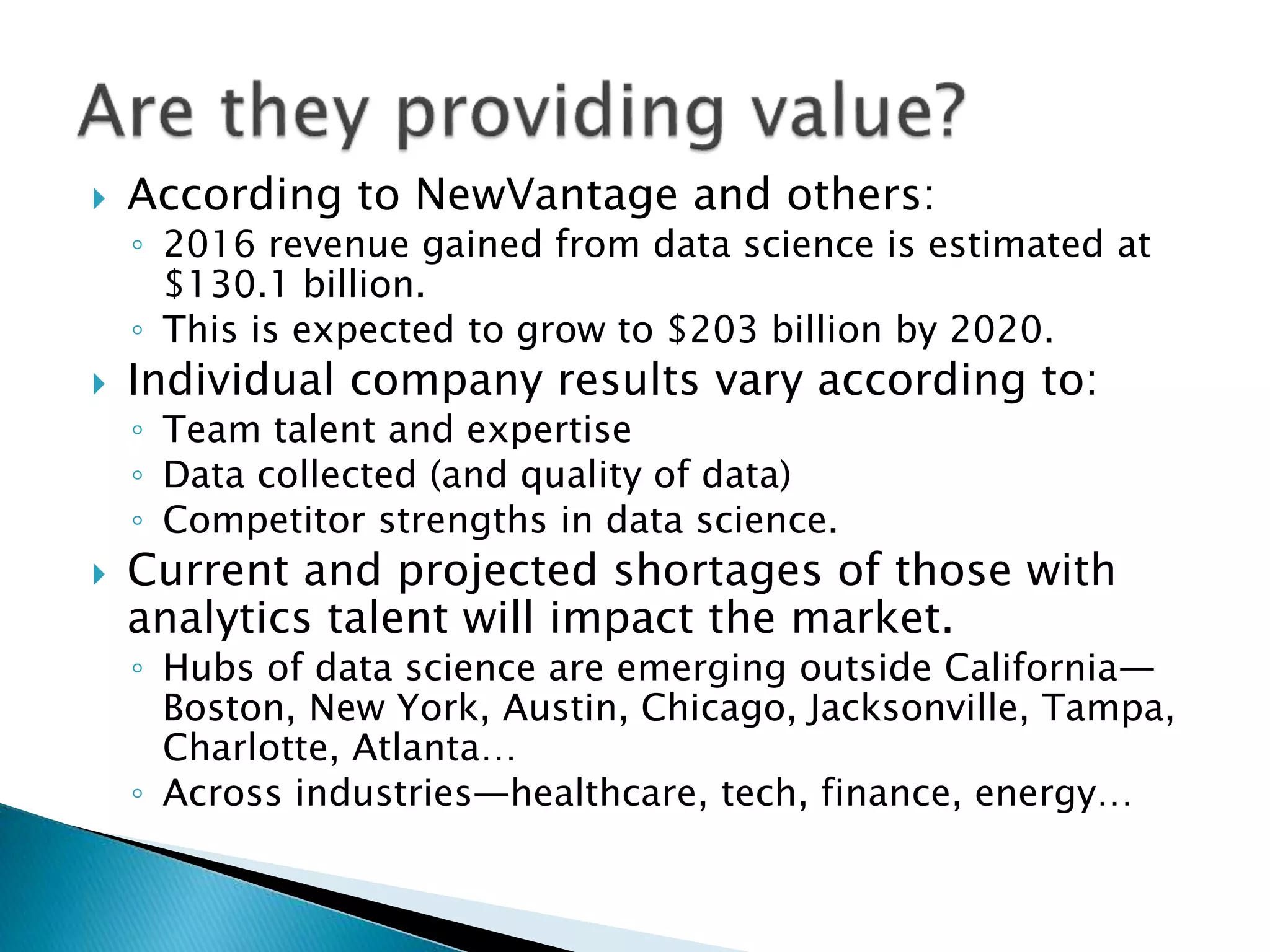  According to NewVantage and others: ◦ 2016 revenue gained from data science is estimated at $130.1 billion. ◦ This is expected to grow to $203 billion by 2020.  Individual company results vary according to: ◦ Team talent and expertise ◦ Data collected (and quality of data) ◦ Competitor strengths in data science.  Current and projected shortages of those with analytics talent will impact the market. ◦ Hubs of data science are emerging outside California— Boston, New York, Austin, Chicago, Jacksonville, Tampa, Charlotte, Atlanta… ◦ Across industries—healthcare, tech, finance, energy… 