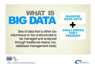 $                  !




          Sea of data that is either too
                                                   %
                                                   #
     voluminous or too unstructured to
           be managed and analyzed
        through traditional means (viz.
         database management tools)



eClerx – An ISO/IEC 27001:2005 Certified Company
 