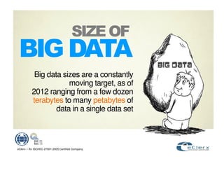 &

           Big data sizes are a constantly
                      moving target, as of
          2012 ranging from a few dozen
          terabytes to many petabytes of
                  data in a single data set



eClerx – An ISO/IEC 27001:2005 Certified Company
 