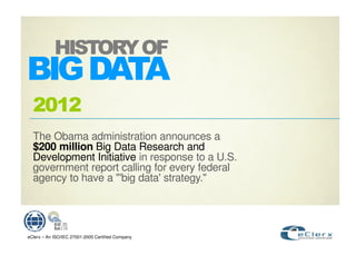 #

  4/*4
  The Obama administration announces a
  $200 million Big Data Research and
  Development Initiative in response to a U.S.
  government report calling for every federal
  agency to have a "' data'
                     big       strategy."




eClerx – An ISO/IEC 27001:2005 Certified Company
 