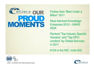 Forbes Asia “Best Under a
                                                   Billion” 2011
                                                   Most Admired Knowledge
                                                   Enterprise 2012 – MAKE
                                                   ASIA
                                                   Ranked “Top Industry Specific
                                                   Vendors” and “Top KPO
                                                   vendors” by Global Services
                                                   in 2011
                                                   #124 in the INC. India 500



eClerx – An ISO/IEC 27001:2005 Certified Company
 