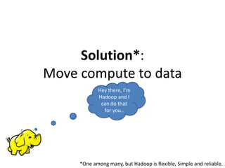 Solution*:
Move compute to data
*One among many, but Hadoop is flexible, Simple and reliable.
Hey there, I’m
Hadoop and I
can do that
for you..
 
