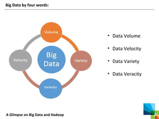 A Glimpse on Big Data and Hadoop
Big Data by four words:
• Data Volume
• Data Velocity
• Data Variety
• Data Veracity
 