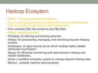 Hadoop Ecosytem 
• HDFS – Hadoop Distributed File System 
• Pig: a scripting language that simplifies the creation of MapR...