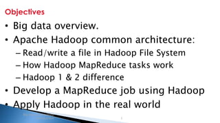 Security Classification: Internal
Objectives
Big data and Hadoop
introduction 3
• Big data overview.
• Apache Hadoop common architecture:
– Read/write a file in Hadoop File System
– How Hadoop MapReduce tasks work
– Hadoop 1 & 2 difference
• Develop a MapReduce job using Hadoop
• Apply Hadoop in the real world
 