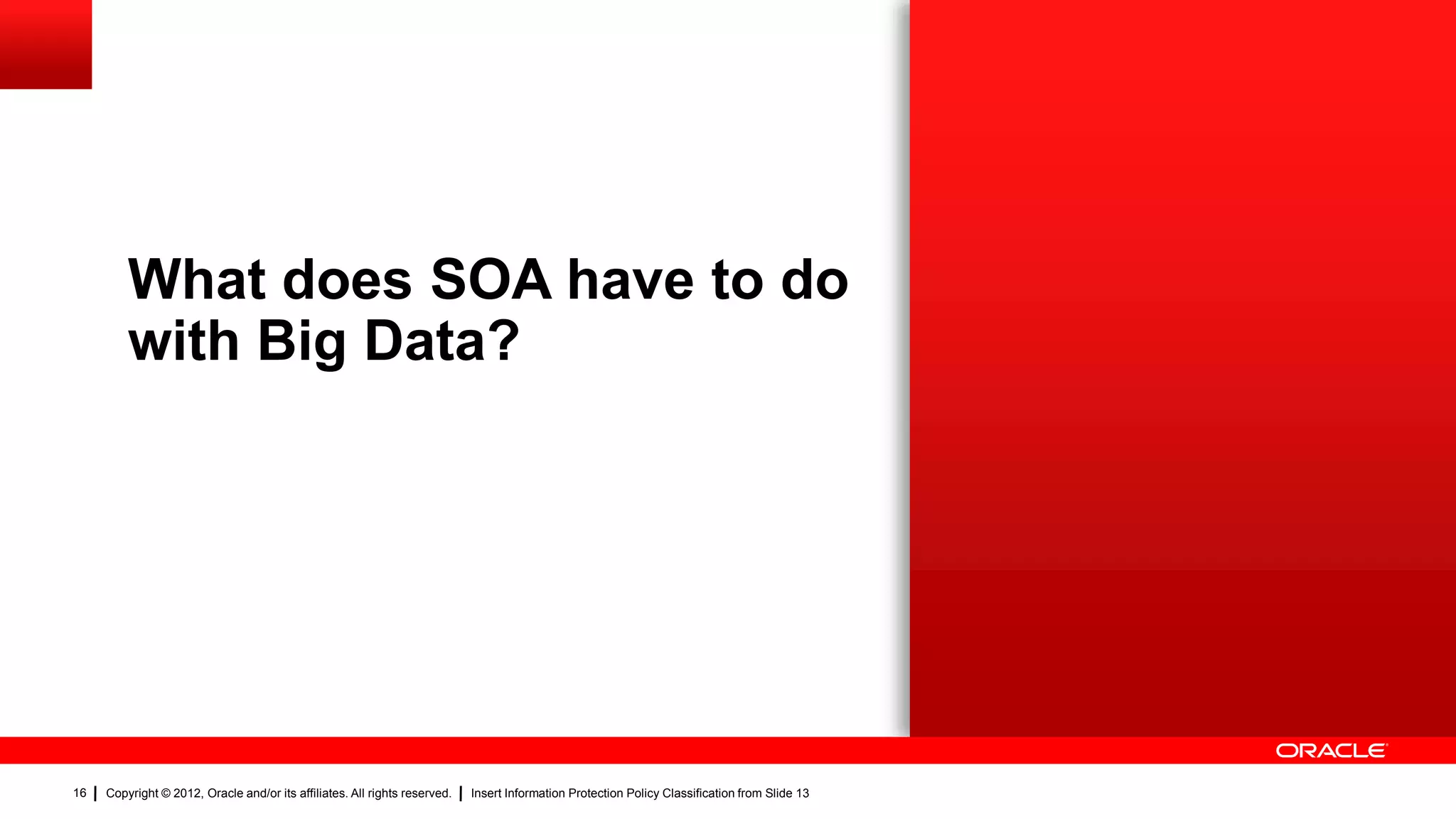 What does SOA have to do
         with Big Data?




16   Copyright © 2012, Oracle and/or its affiliates. All rights reserved.   Insert Information Protection Policy Classification from Slide 13
 