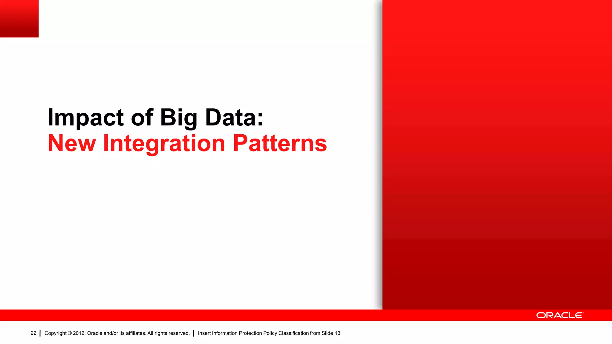 Impact of Big Data:
      New Integration Patterns




22   Copyright © 2012, Oracle and/or its affiliates. All rights reserved.   Insert Information Protection Policy Classification from Slide 13
 