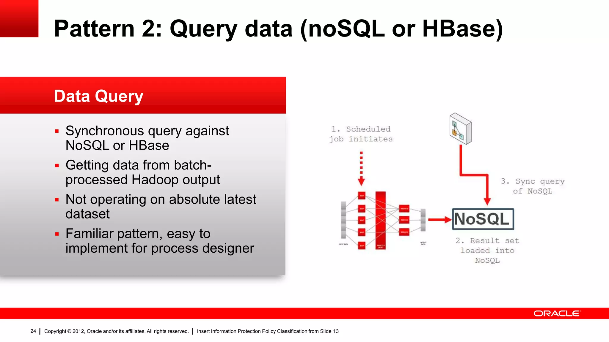 Pattern 2: Query data (noSQL or HBase)

         Data Query
          Synchronous query against                                                                                                     1. Scheduled
                                                                                                                                        job initiates
           NoSQL or HBase
          Getting data from batch-
           processed Hadoop output                                                                                                                               3. Sync query
                                                                                                                                                                    of NoSQL
          Not operating on absolute latest
           dataset
                                                                                                                                                        NoSQL
          Familiar pattern, easy to
                                                                                                                                                        2. Result set
           implement for process designer                                                                                                                loaded into
                                                                                                                                                            NoSQL




24   Copyright © 2012, Oracle and/or its affiliates. All rights reserved.   Insert Information Protection Policy Classification from Slide 13
 