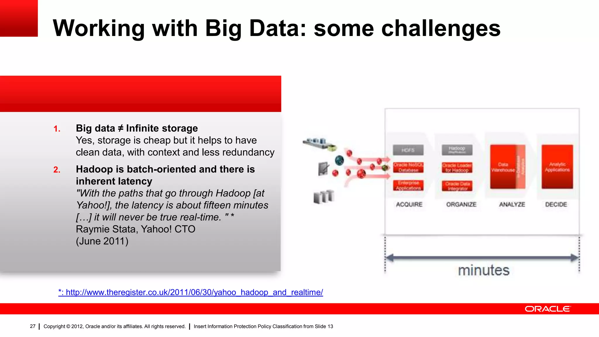 Working with Big Data: some challenges



         1.         Big data ≠ Infinite storage
                    Yes, storage is cheap but it helps to have
                    clean data, with context and less redundancy
         2.         Hadoop is batch-oriented and there is
                    inherent latency
                    "With the paths that go through Hadoop [at
                    Yahoo!], the latency is about fifteen minutes
                    […] it will never be true real-time. " *
                    Raymie Stata, Yahoo! CTO
                    (June 2011)


                                                                                                                                                minutes
           *: http://www.theregister.co.uk/2011/06/30/yahoo_hadoop_and_realtime/


27   Copyright © 2012, Oracle and/or its affiliates. All rights reserved.   Insert Information Protection Policy Classification from Slide 13
 