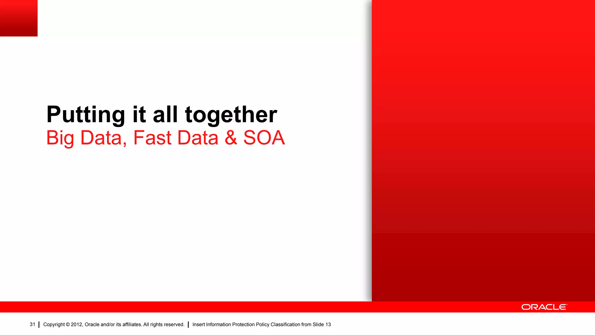 Putting it all together
      Big Data, Fast Data & SOA




31   Copyright © 2012, Oracle and/or its affiliates. All rights reserved.   Insert Information Protection Policy Classification from Slide 13
 