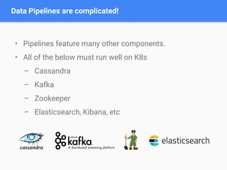 • Pipelines feature many other components.
• All of the below must run well on K8s
– Cassandra
– Kafka
– Zookeeper
– Elasticsearch, Kibana, etc
Data Pipelines are complicated!
 