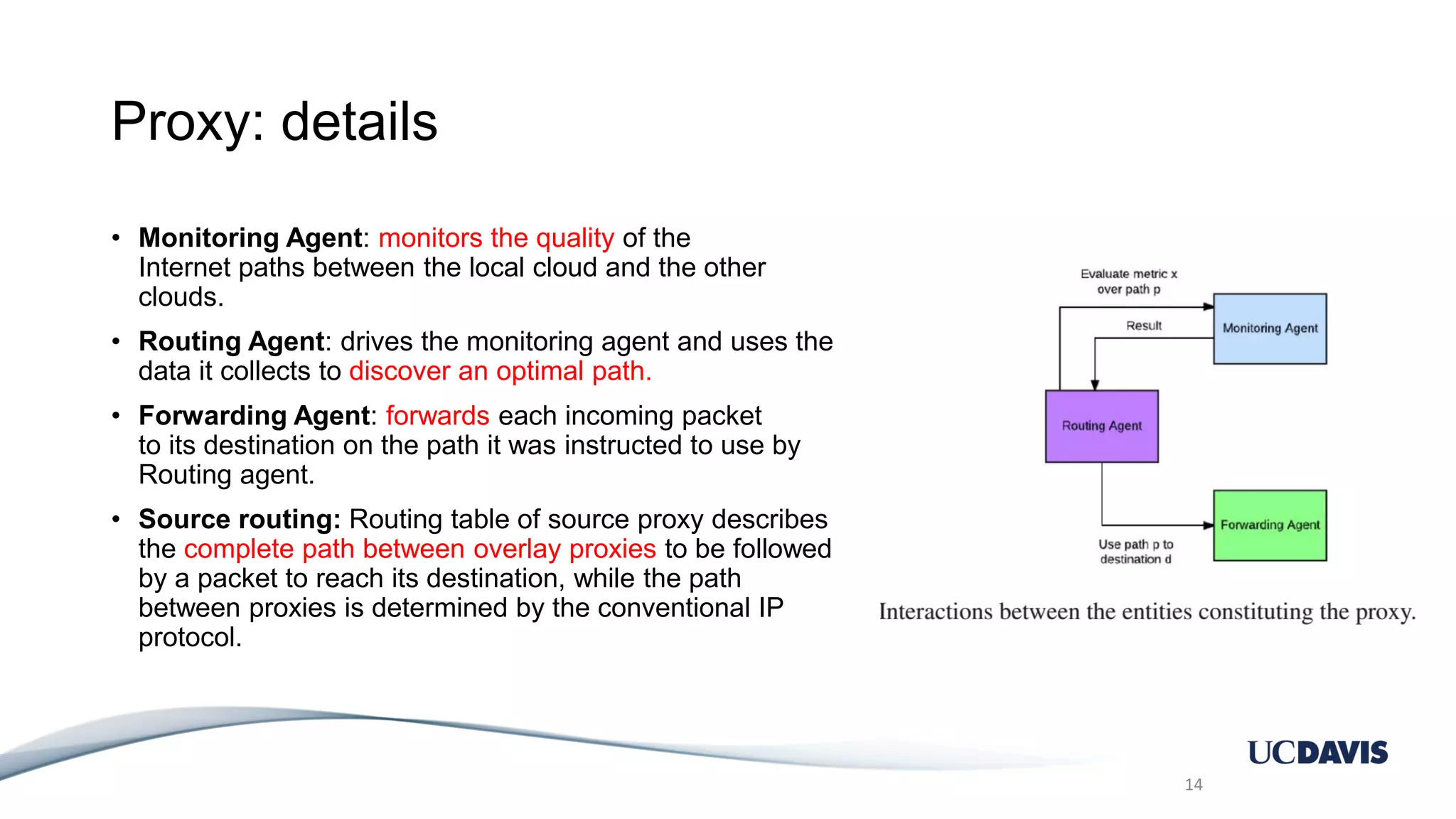 Proxy: details • Monitoring Agent: monitors the quality of the Internet paths between the local cloud and the other clouds. • Routing Agent: drives the monitoring agent and uses the data it collects to discover an optimal path. • Forwarding Agent: forwards each incoming packet to its destination on the path it was instructed to use by Routing agent. • Source routing: Routing table of source proxy describes the complete path between overlay proxies to be followed by a packet to reach its destination, while the path between proxies is determined by the conventional IP protocol. 14 