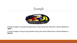 Example
If shape of object is rounded and depression at top having color Red then it will be labelled as –
Apple.
If shape of object is long curving cylinder having color Green-Yellow then it will be labelled as –
Banana.
 