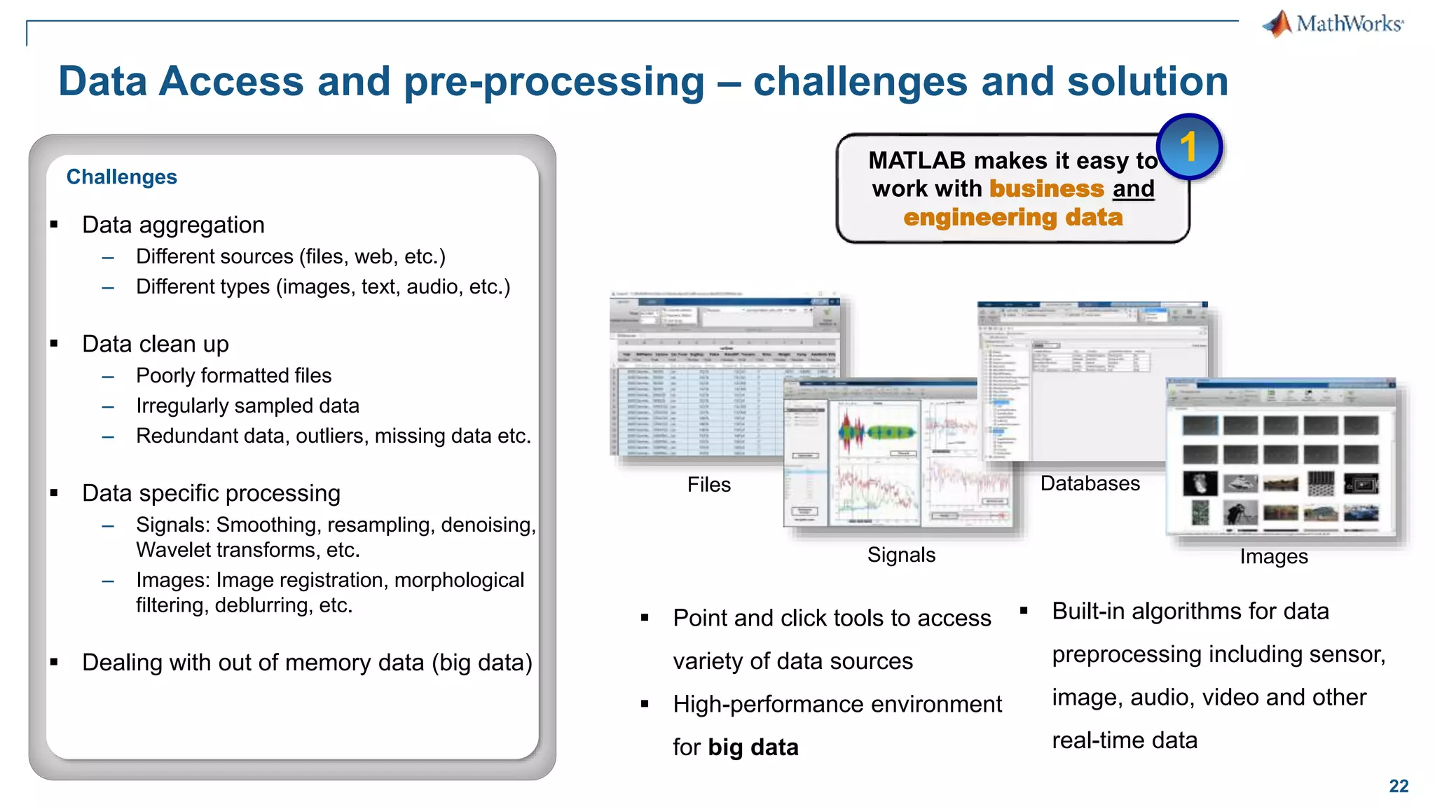 22 Data Access and pre-processing – challenges and solution ▪ Data aggregation – Different sources (files, web, etc.) – Different types (images, text, audio, etc.) ▪ Data clean up – Poorly formatted files – Irregularly sampled data – Redundant data, outliers, missing data etc. ▪ Data specific processing – Signals: Smoothing, resampling, denoising, Wavelet transforms, etc. – Images: Image registration, morphological filtering, deblurring, etc. ▪ Dealing with out of memory data (big data) Challenges ▪ Point and click tools to access variety of data sources ▪ High-performance environment for big data Files Signals Databases Images ▪ Built-in algorithms for data preprocessing including sensor, image, audio, video and other real-time data MATLAB makes it easy to work with business and engineering data 1 