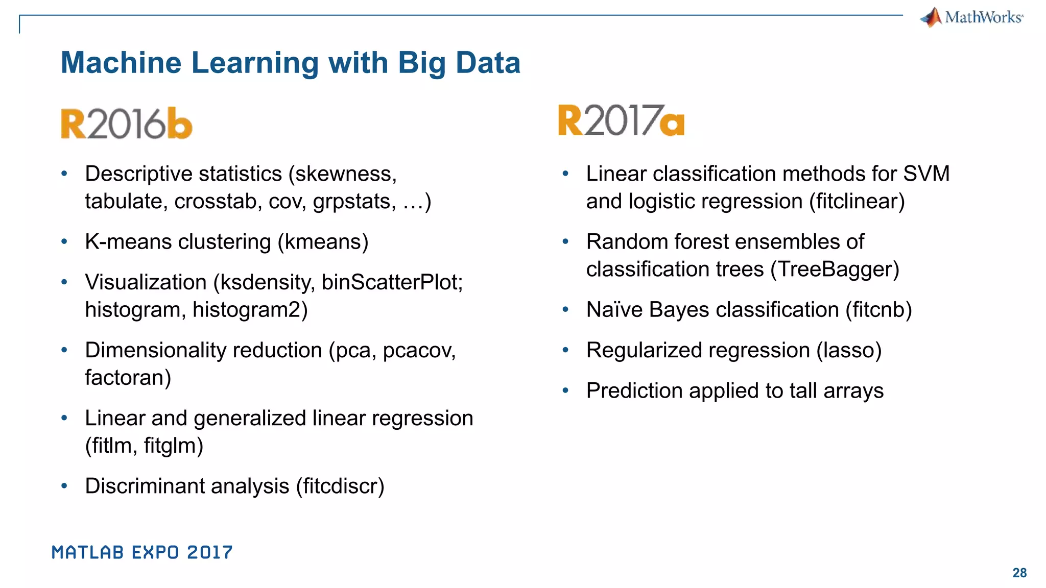 28 Machine Learning with Big Data • Descriptive statistics (skewness, tabulate, crosstab, cov, grpstats, …) • K-means clustering (kmeans) • Visualization (ksdensity, binScatterPlot; histogram, histogram2) • Dimensionality reduction (pca, pcacov, factoran) • Linear and generalized linear regression (fitlm, fitglm) • Discriminant analysis (fitcdiscr) • Linear classification methods for SVM and logistic regression (fitclinear) • Random forest ensembles of classification trees (TreeBagger) • Naïve Bayes classification (fitcnb) • Regularized regression (lasso) • Prediction applied to tall arrays 
