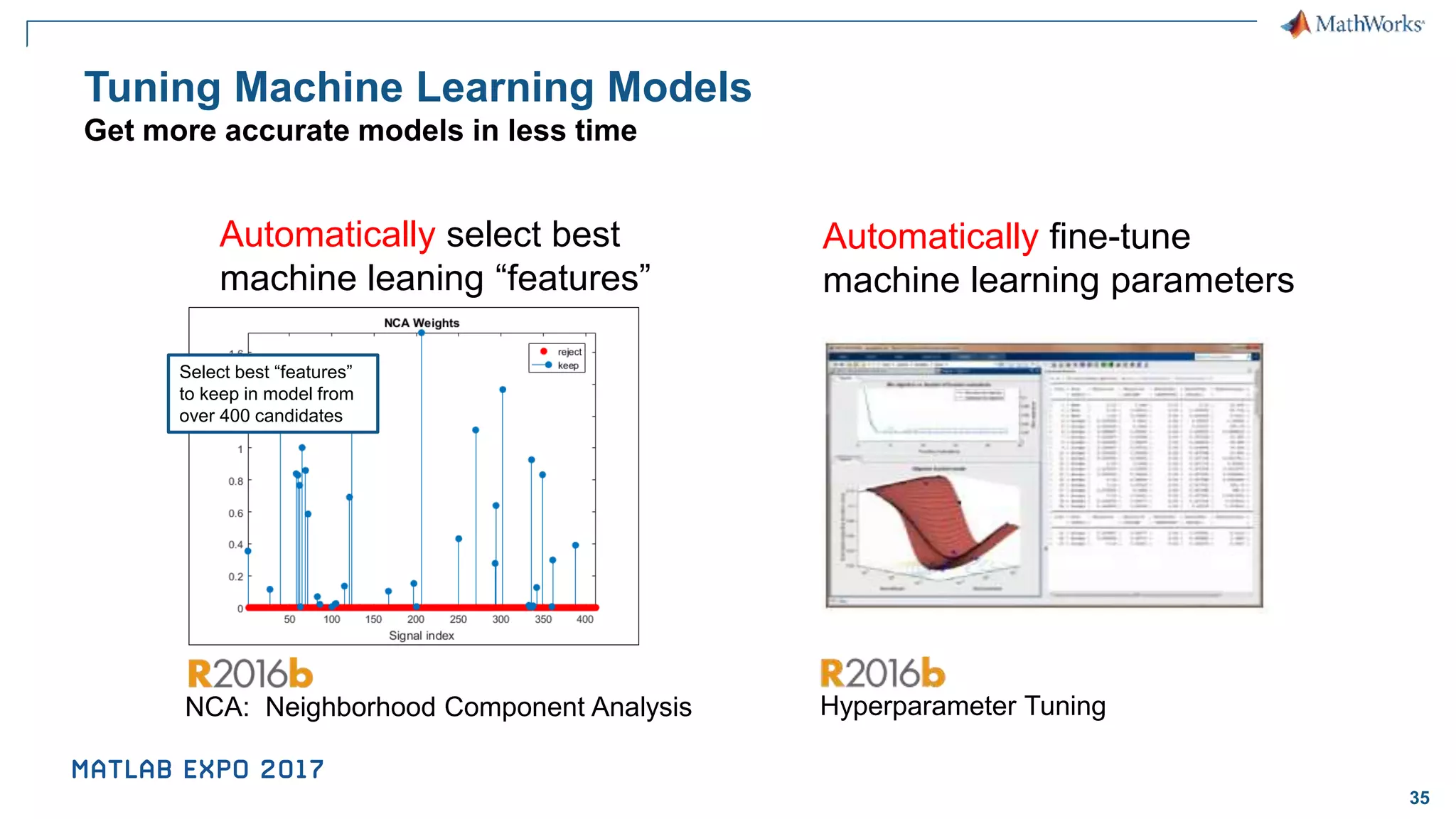35 Tuning Machine Learning Models Get more accurate models in less time Automatically select best machine leaning “features” NCA: Neighborhood Component Analysis Select best “features” to keep in model from over 400 candidates Automatically fine-tune machine learning parameters Hyperparameter Tuning 